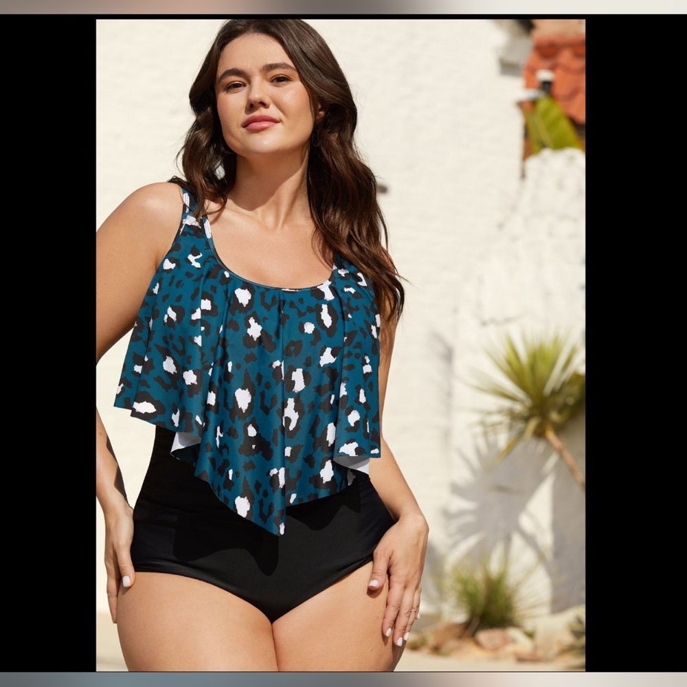 Bloomchic- Teal and Black Ruffled Swimsuit